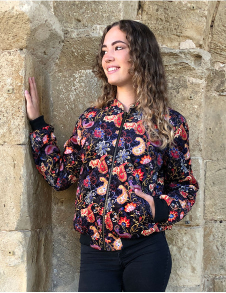 Veste maille polyester velours ras imprimé Tulipe