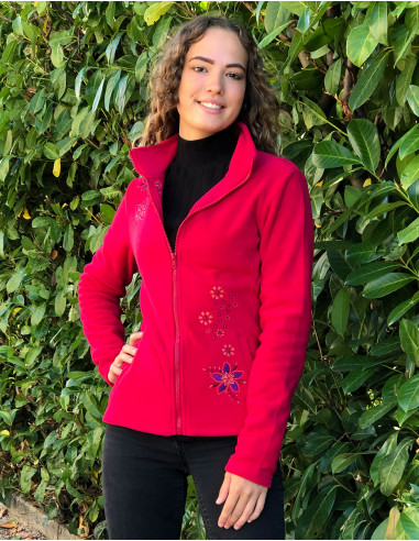 Veste maille polyester polaire col broderie fleurs