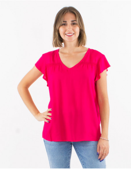 Viscose plain sleeveless blouse with v-neck and buttons