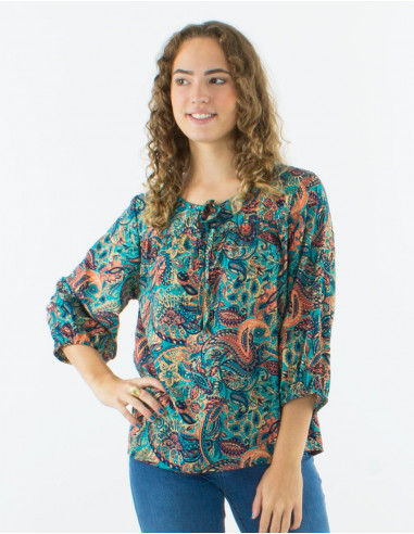 Polyester blouse with 3/4 sleeves and "road dore" print