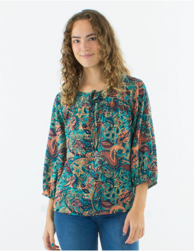 Polyester blouse with 3/4 sleeves and "road dore" print