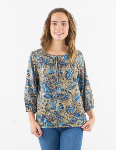 Polyester blouse with 3/4 sleeves and "road dore" print