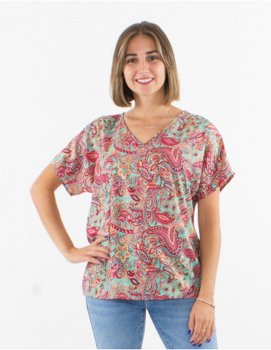 Polyester blouse with short sleeves and "road dore" print
