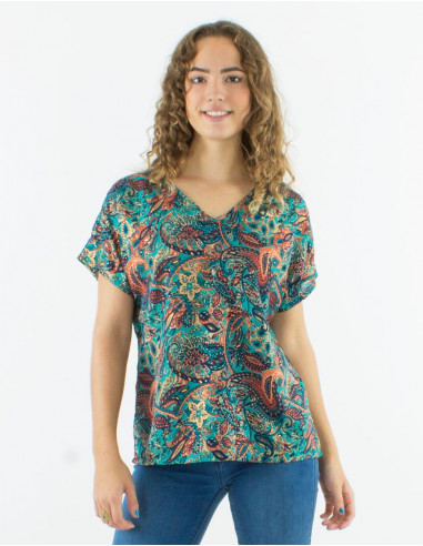 Polyester blouse with short sleeves and "road dore" print