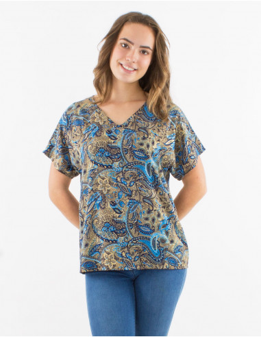 Polyester blouse with short sleeves and "road dore" print