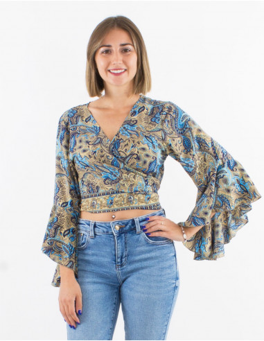 Polyester blouse with 3/4 sleeves and "road dore" print