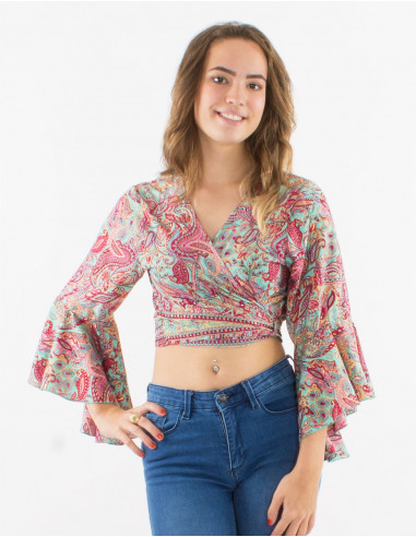 Polyester blouse with 3/4 sleeves and "road dore" print