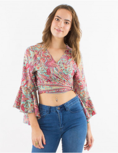 Polyester blouse with 3/4 sleeves and "road dore" print