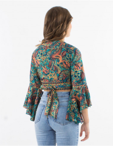 Polyester blouse with 3/4 sleeves and "road dore" print