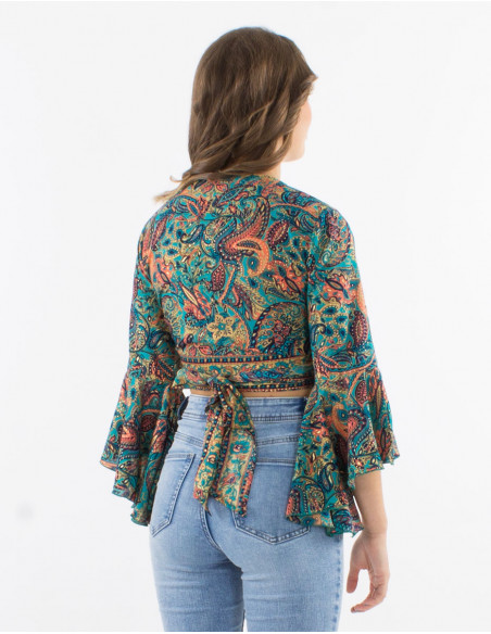 Polyester blouse with 3/4 sleeves and "road dore" print
