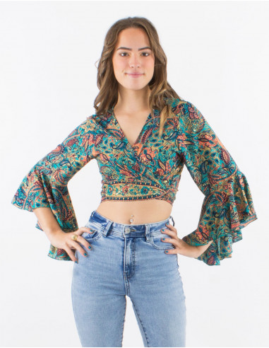 Polyester blouse with 3/4 sleeves and "road dore" print