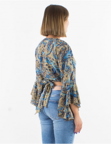 Polyester blouse with 3/4 sleeves and "road dore" print