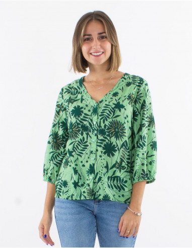 Polyester buttoned blouse with 3/4 sleeves and "aster dore" print
