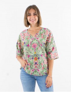 Chemisier polyester col V manches courtes imprimé aquarelle