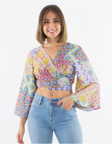 Polyester blouse with long sleeves and "mozaique" print