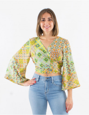 Polyester blouse with long sleeves and "mozaique" print