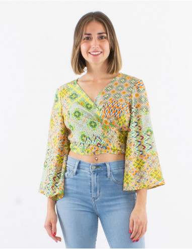 Polyester blouse with long sleeves and "mozaique" print