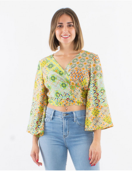 Polyester blouse with long sleeves and "mozaique" print