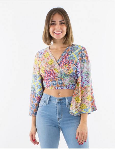 Polyester blouse with long sleeves and "mozaique" print