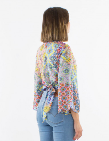 Polyester blouse with long sleeves and "mozaique" print
