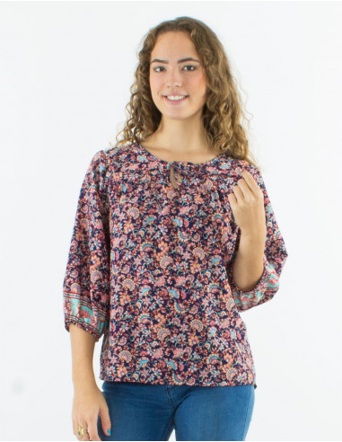 Polyester blouse with 3/4 sleeves and "floral" print