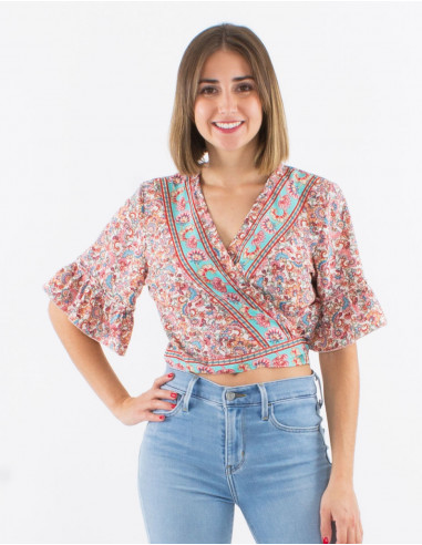 Polyester blouse with short sleeves and "floral" print