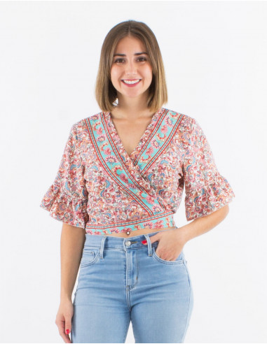 Polyester blouse with short sleeves and "floral" print