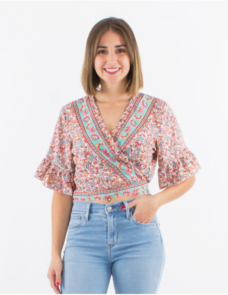 Polyester blouse with short sleeves and "floral" print