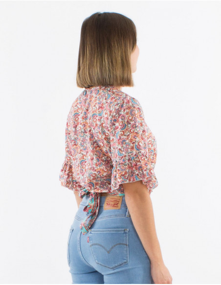 Polyester blouse with short sleeves and "floral" print