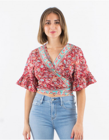 Polyester blouse with short sleeves and "floral" print