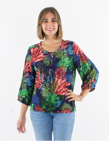 Viscose blouse with 3/4 sleeves and "oceanique" print