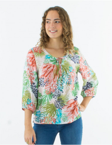 Viscose blouse with 3/4 sleeves and "oceanique" print