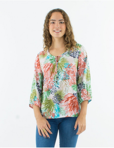 Viscose blouse with 3/4 sleeves and "oceanique" print