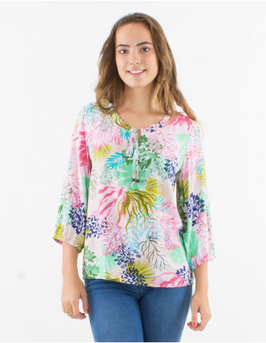 Viscose blouse with 3/4 sleeves and "oceanique" print