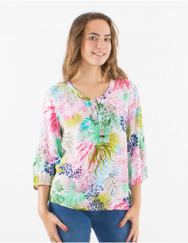 Viscose blouse with 3/4 sleeves and "oceanique" print