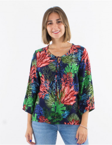 Viscose blouse with 3/4 sleeves and "oceanique" print