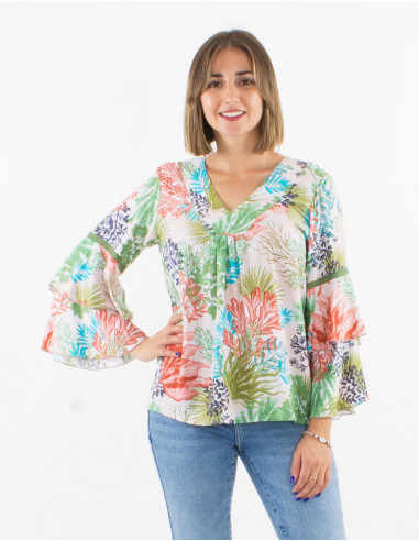 Viscose v-neck ruffled blouse with long sleeves and "oceanique" print
