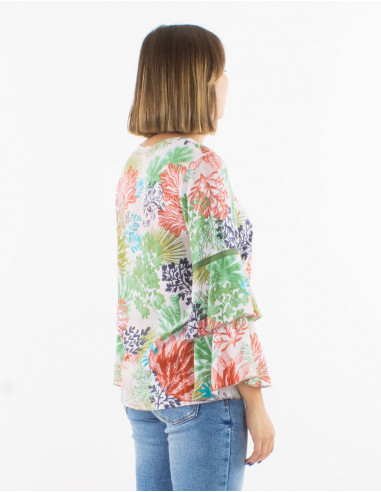 Viscose v-neck ruffled blouse with long sleeves and "oceanique" print