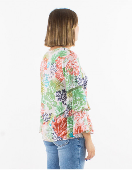 Viscose v-neck ruffled blouse with long sleeves and "oceanique" print