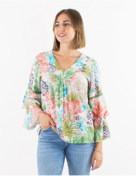 Viscose v-neck ruffled blouse with long sleeves and "oceanique" print