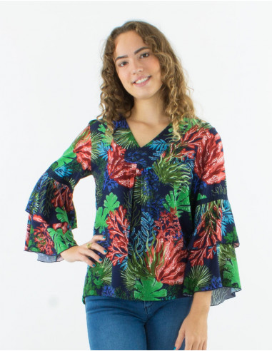Viscose v-neck ruffled blouse with long sleeves and "oceanique" print