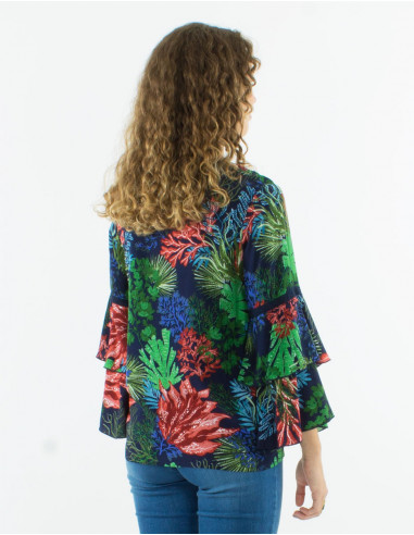 Viscose v-neck ruffled blouse with long sleeves and "oceanique" print