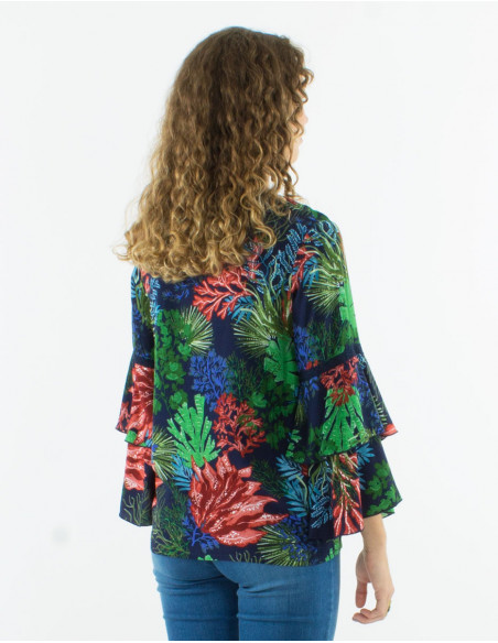 Viscose v-neck ruffled blouse with long sleeves and "oceanique" print