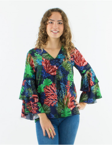 Viscose v-neck ruffled blouse with long sleeves and "oceanique" print