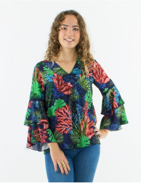 Viscose v-neck ruffled blouse with long sleeves and "oceanique" print