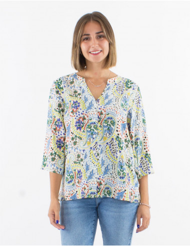 Viscose buttoned blouse with 3/4 sleeves and "istanbul" print
