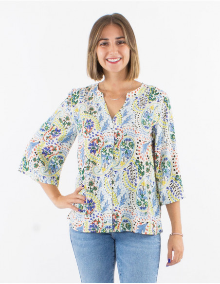 Viscose buttoned blouse with 3/4 sleeves and "istanbul" print