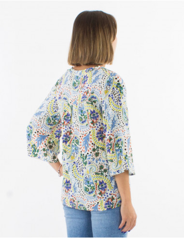 Viscose buttoned blouse with 3/4 sleeves and "istanbul" print
