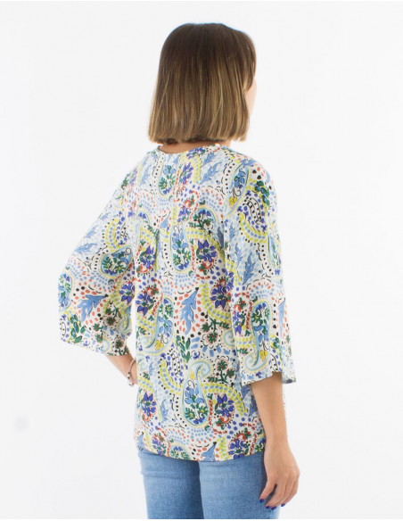 Viscose buttoned blouse with 3/4 sleeves and "istanbul" print