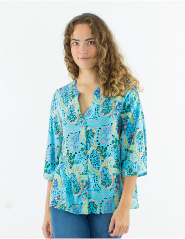 Viscose buttoned blouse with 3/4 sleeves and "istanbul" print